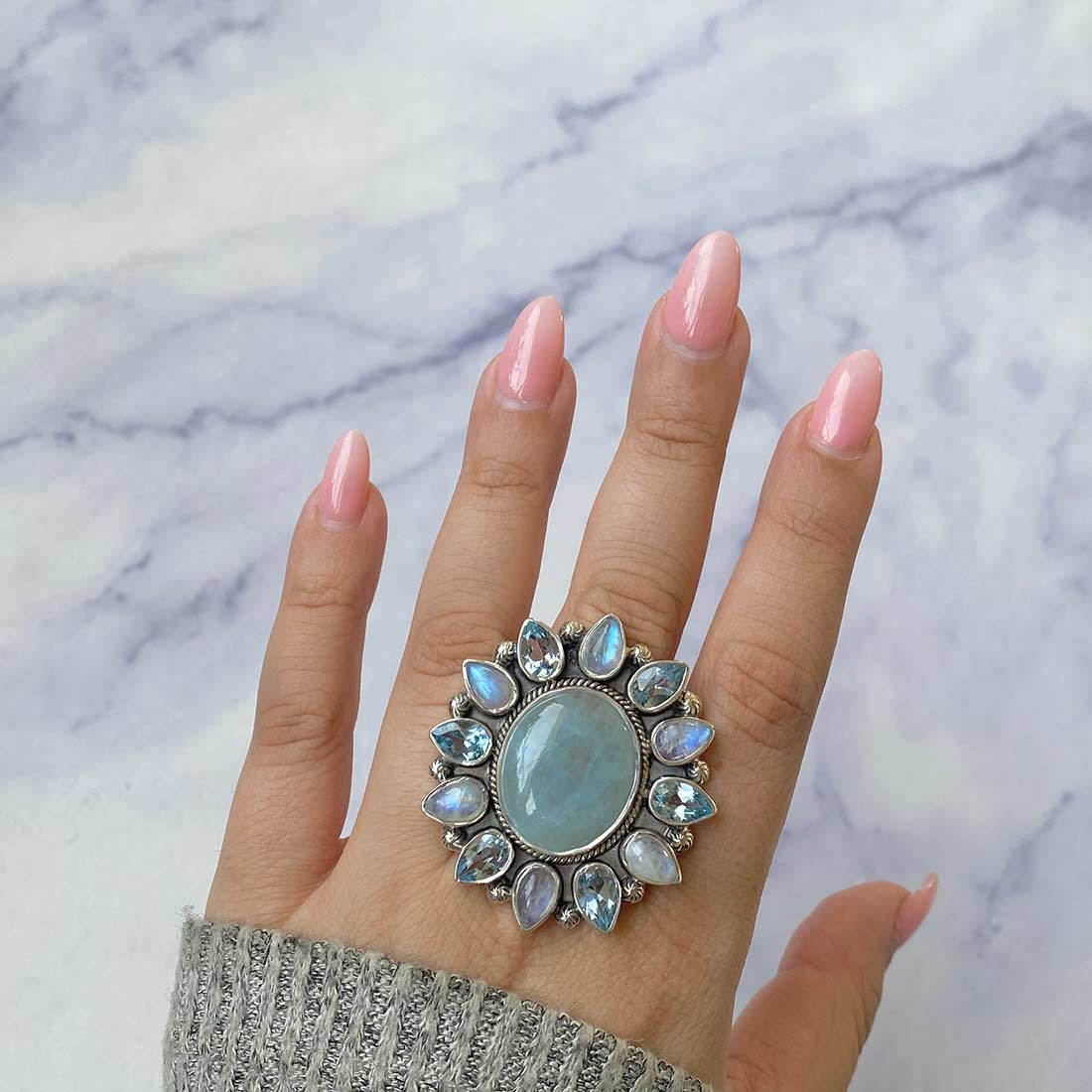 Aquamarine, Blue Topaz And Moonstone Flower Adjustable Ring-(AQM-FLR-5.)